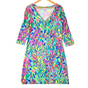 Lilly Pulitzer Palmetto Dress Womens Size Medium Floral Pima Cotton 3/4 Sleeves